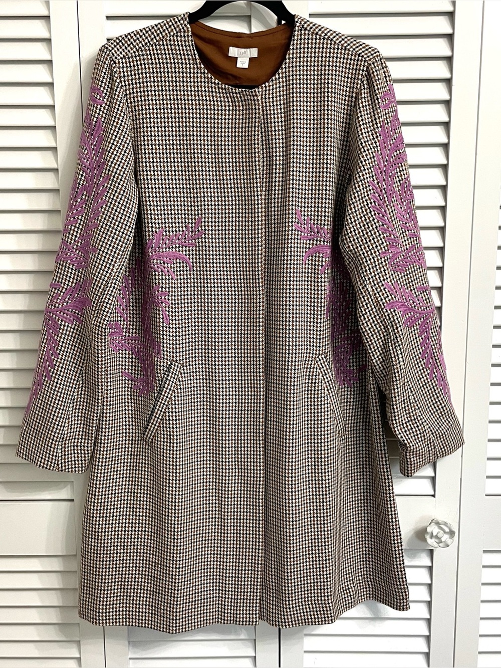 J. JILL Embroidered Black Brown Houndstooth Snap Front Jacket Duster Longline S